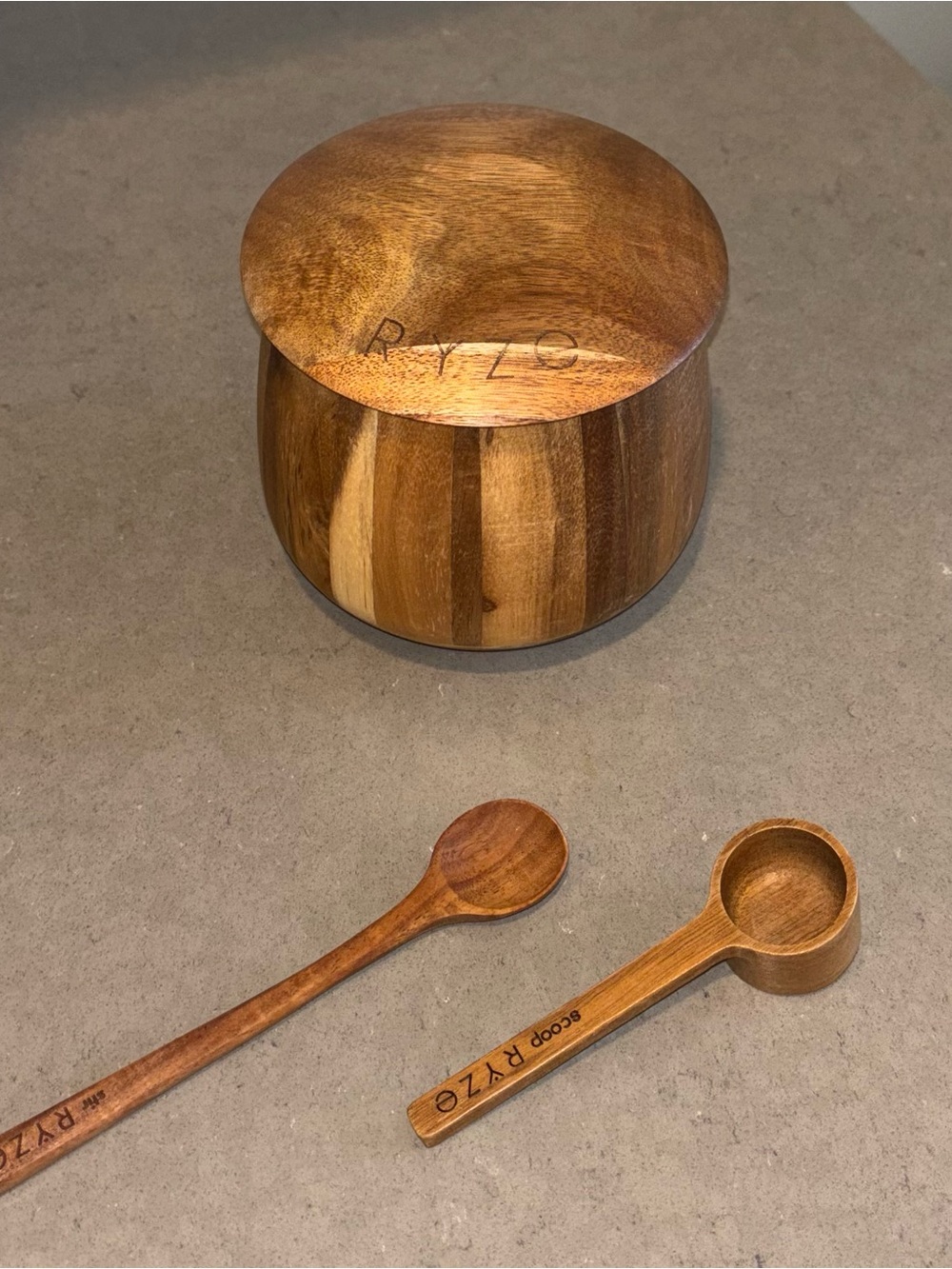 RYZE Acacia Wooden Jar with both Spoons, like new.